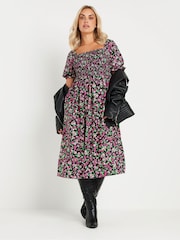 Yours Curve Black & Pink Ditsy Floral Print Shirred Midaxi Dress - Image 2 of 5