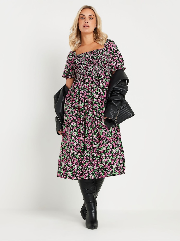 Yours Curve Black & Pink Ditsy Floral Print Shirred Midaxi Dress - Image 2 of 5