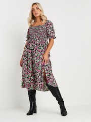Yours Curve Black & Pink Ditsy Floral Print Shirred Midaxi Dress - Image 3 of 5