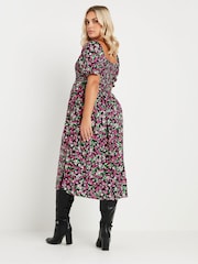 Yours Curve Black & Pink Ditsy Floral Print Shirred Midaxi Dress - Image 4 of 5
