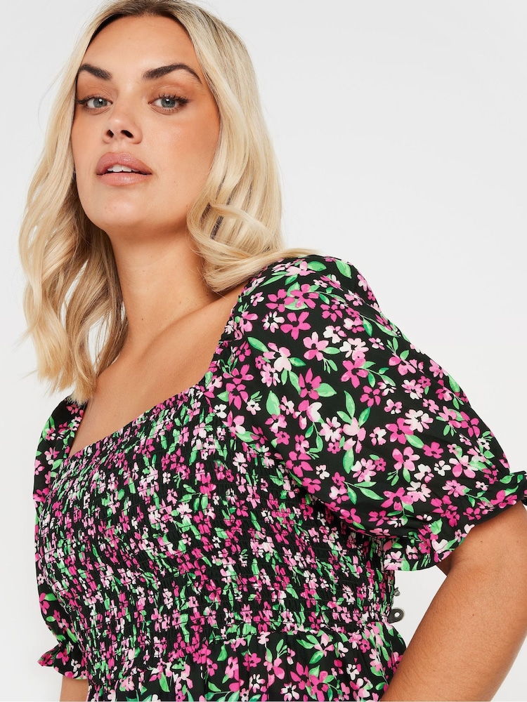 Yours Curve Black & Pink Ditsy Floral Print Shirred Midaxi Dress - Image 5 of 5