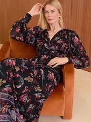 Love & Roses Black Bird Print Mesh Twist Front Midi Dress - Image 3 of 4