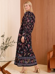 Love & Roses Black Bird Print Mesh Twist Front Midi Dress - Image 4 of 4