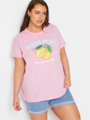 Yours Curve Pink 100% Cotton Amalfi Lemons Placement Print T-Shirt - Image 1 of 5