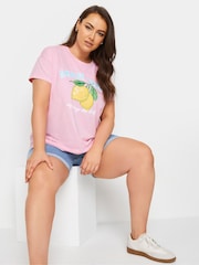 Yours Curve Pink 100% Cotton Amalfi Lemons Placement Print T-Shirt - Image 2 of 5