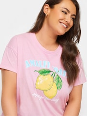Yours Curve Pink 100% Cotton Amalfi Lemons Placement Print T-Shirt - Image 4 of 5