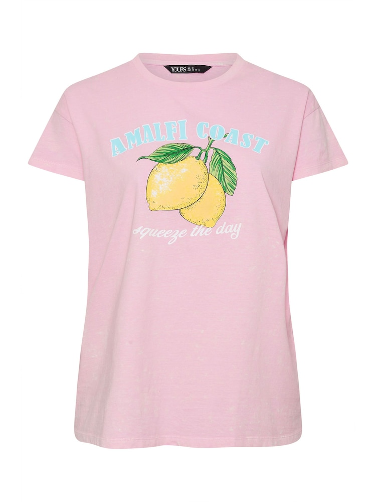 Yours Curve Pink 100% Cotton Amalfi Lemons Placement Print T-Shirt - Image 5 of 5