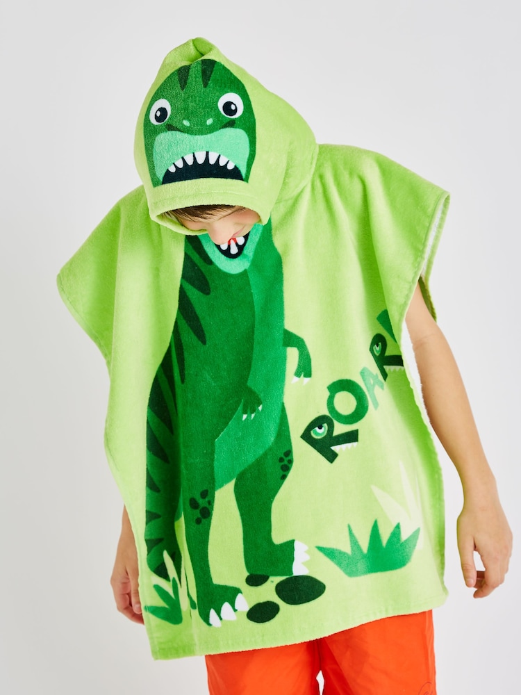 Catherine Lansfield Green Dinosaur Hooded Poncho 100% Cotton Towel - Image 2 of 5