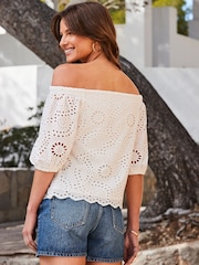 Sosandar White 100% Cotton Broderie Bardot Top - Image 3 of 5