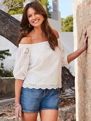 Sosandar White 100% Cotton Broderie Bardot Top - Image 4 of 5