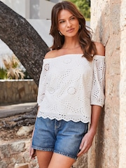 Sosandar White 100% Cotton Broderie Bardot Top - Image 5 of 5