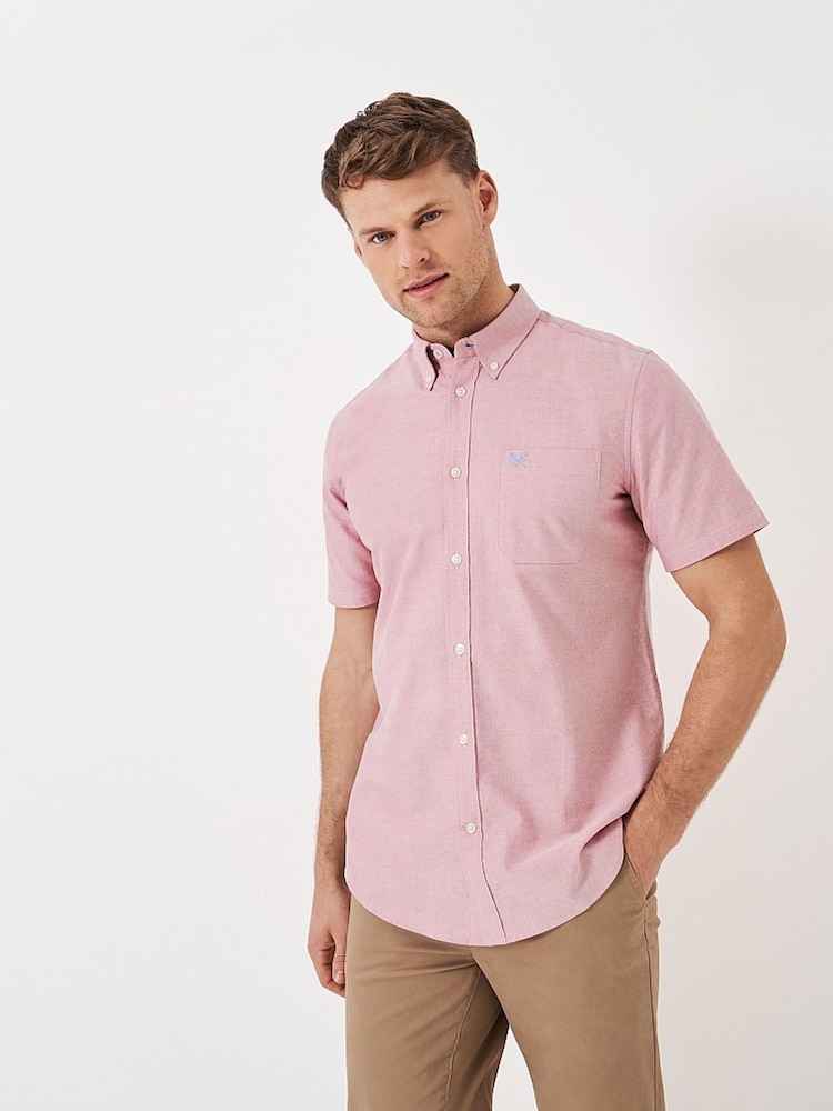 Розовый - Crew Clothing Short Sleeve Oxford 100% Cotton Shirt - Изображение 4 из 4