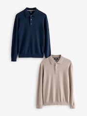 Navy Blue/Neutral Slim Fit Knitted Long Sleeve Polo Shirts 2 Pack - Image 1 of 9
