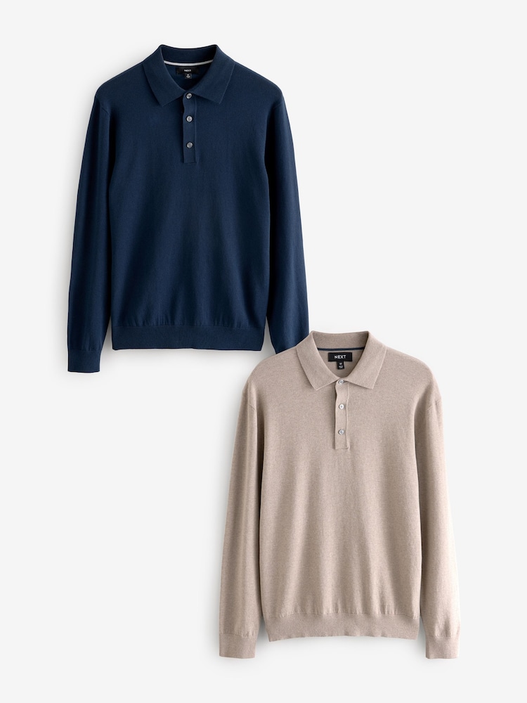 Navy Blue/Neutral Slim Fit Knitted Long Sleeve Polo Shirts 2 Pack - Image 1 of 9
