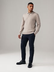 Navy Blue/Neutral Slim Fit Knitted Long Sleeve Polo Shirts 2 Pack - Image 2 of 9