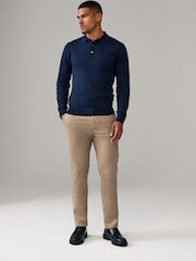 Navy Blue/Neutral Slim Fit Knitted Long Sleeve Polo Shirts 2 Pack - Image 3 of 9