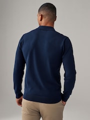 Navy Blue/Neutral Slim Fit Knitted Long Sleeve Polo Shirts 2 Pack - Image 4 of 9