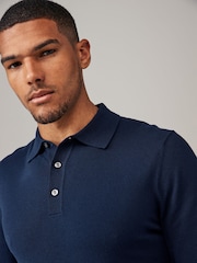 Navy Blue/Neutral Slim Fit Knitted Long Sleeve Polo Shirts 2 Pack - Image 5 of 9
