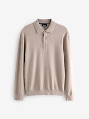 Navy Blue/Neutral Slim Fit Knitted Long Sleeve Polo Shirts 2 Pack - Image 6 of 9