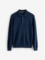 Navy Blue/Neutral Slim Fit Knitted Long Sleeve Polo Shirts 2 Pack - Image 7 of 9