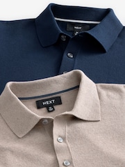 Navy Blue/Neutral Slim Fit Knitted Long Sleeve Polo Shirts 2 Pack - Image 8 of 9