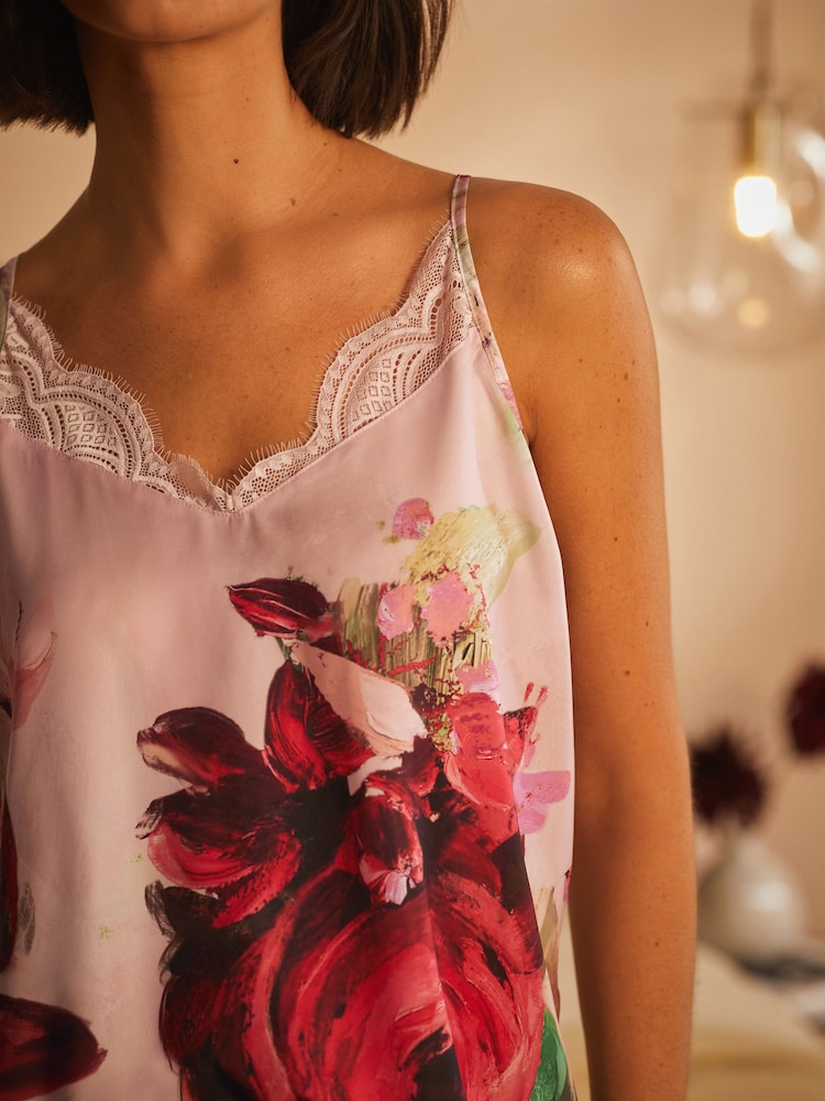 وردي زهور - أزرق - بيجامة ستان بحمالات دانتيل من B by Ted Baker - Image 4 of 15