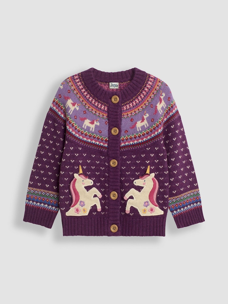 Violet motif licorne - Jojo Maman Bébé Motif de tricot Fair Isle Cardigan - Image 1 of 3