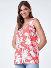 Roman Pink Sleeveless Palm Print Button Cami Top - Image 4 of 5