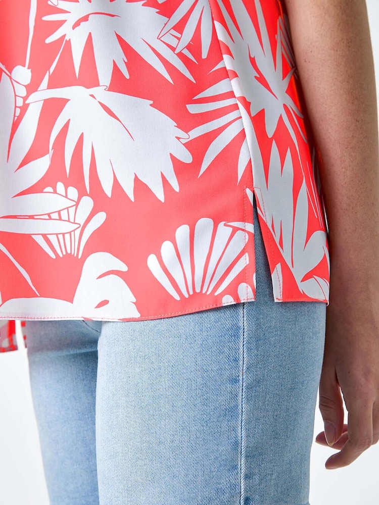 Roman Pink Sleeveless Palm Print Button Cami Top - Image 5 of 5
