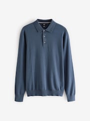 Mid Blue Slim Fit Knitted Long Sleeve Polo Shirt - Image 1 of 4