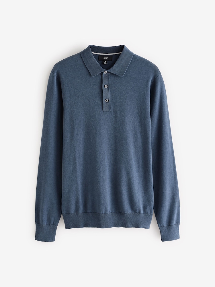Mid Blue Slim Fit Knitted Long Sleeve Polo Shirt - Image 1 of 4