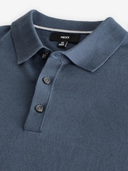 Mid Blue Slim Fit Knitted Long Sleeve Polo Shirt - Image 4 of 4