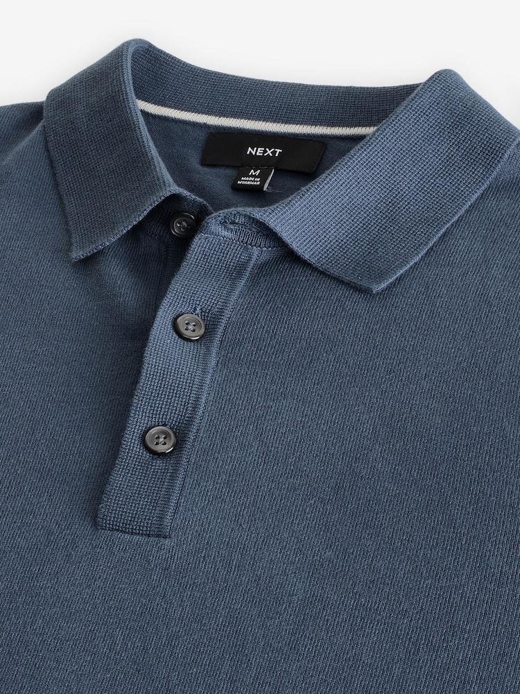 Mid Blue Slim Fit Knitted Long Sleeve Polo Shirt - Image 4 of 4