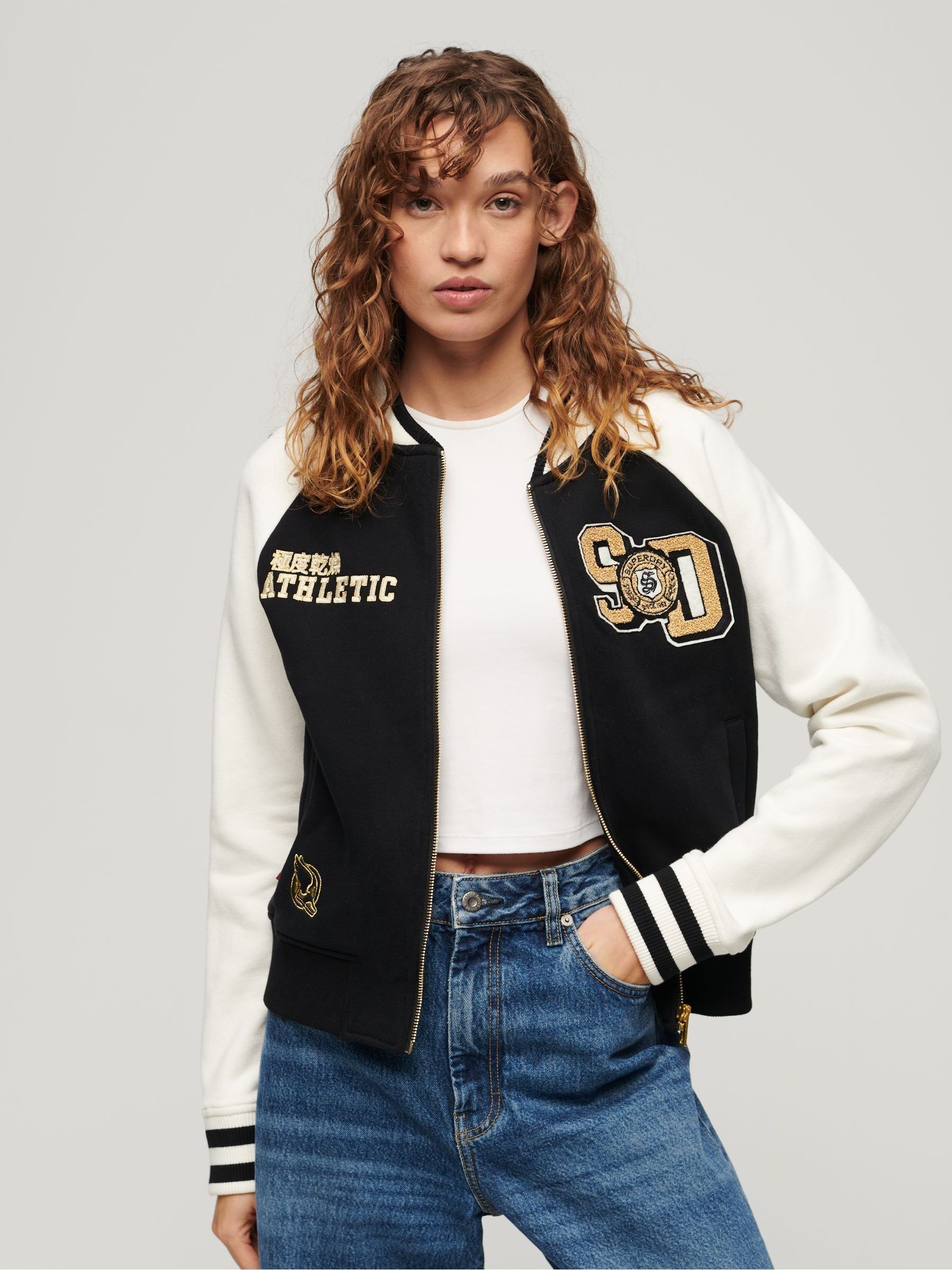 Superdry Black College Graphic Jersey Bomber Jacket