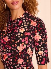 Love & Roses Black Floral Ruched Front Jersey Midi Dress - Image 2 of 4