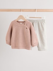 Pink/White Knitted 100% Cotton Baby Jumper & Woven Trousers Set (0mths-2yrs) - Image 1 of 2