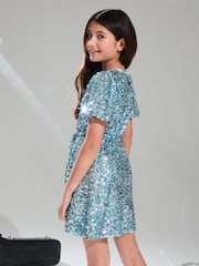 Lipsy Blue Sequin Sparkle Puff Sleeve Party Dress (5-16yrs) - Image 4 of 4