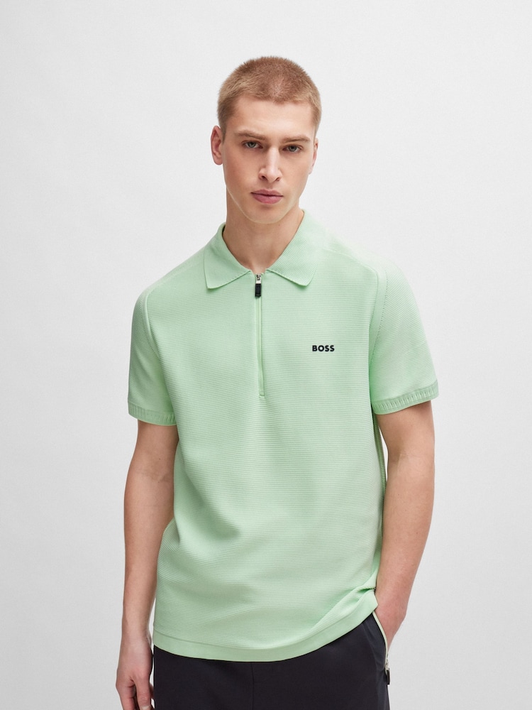 BOSS Green Short-Sleeved Zip-Neck Polo Sweater With Logo Detail - Image 1 of 5