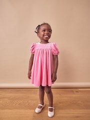 Pink Textured Puff Sleeve Velvet Party Dress (3mths-10yrs) - Image 1 of 7