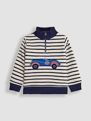 JoJo Maman Bébé Navy Blue Stripe Classic Car Appliqué Half Zip Sweatshirt - Image 1 of 3