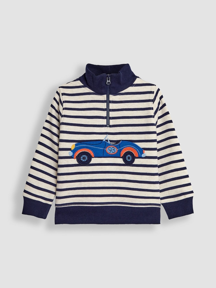 JoJo Maman Bébé Navy Blue Stripe Classic Car Appliqué Half Zip Sweatshirt - Image 1 of 3