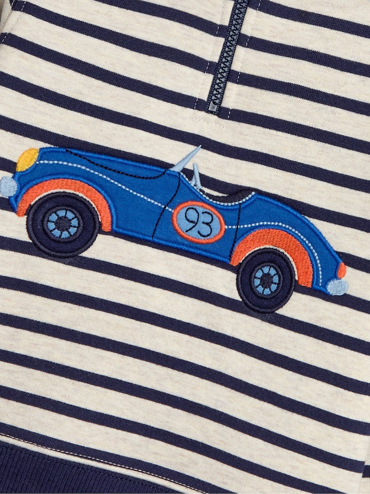 JoJo Maman Bébé Navy Blue Stripe Classic Car Appliqué Half Zip Sweatshirt - Image 3 of 3