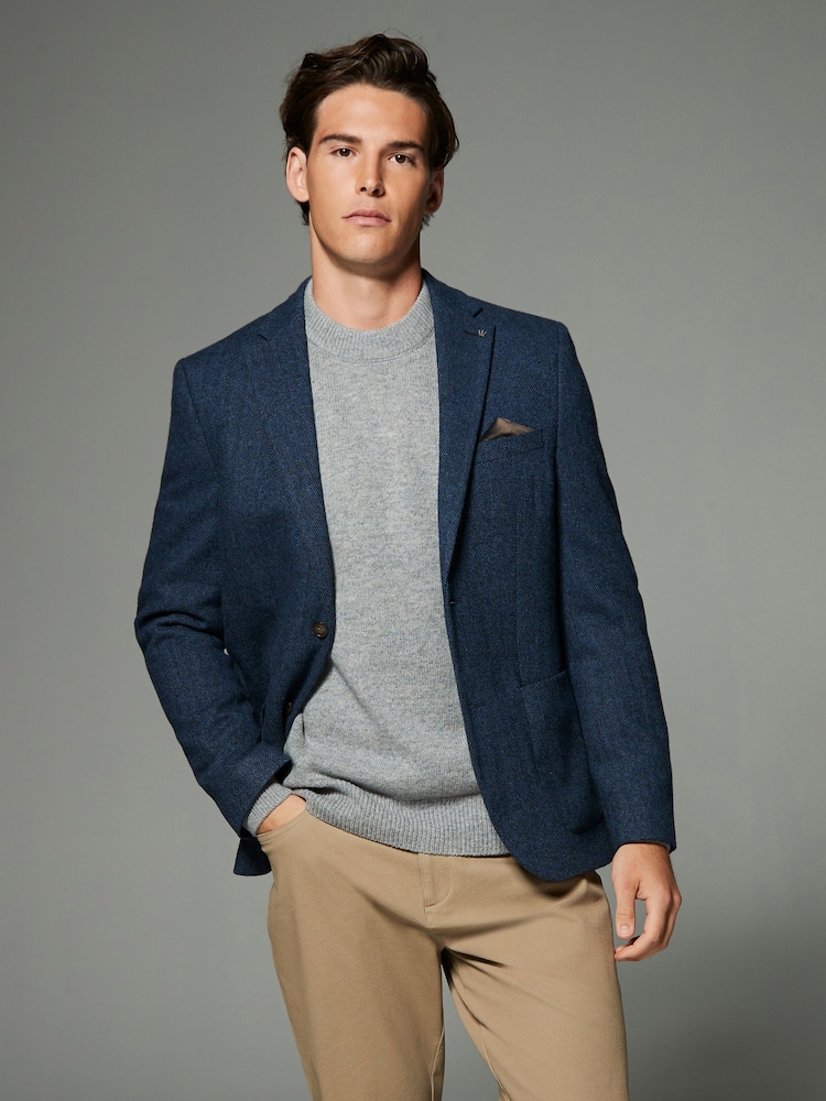 Blue Regular Fit Wool Rich Herringbone Blazer - Image 1 of 11