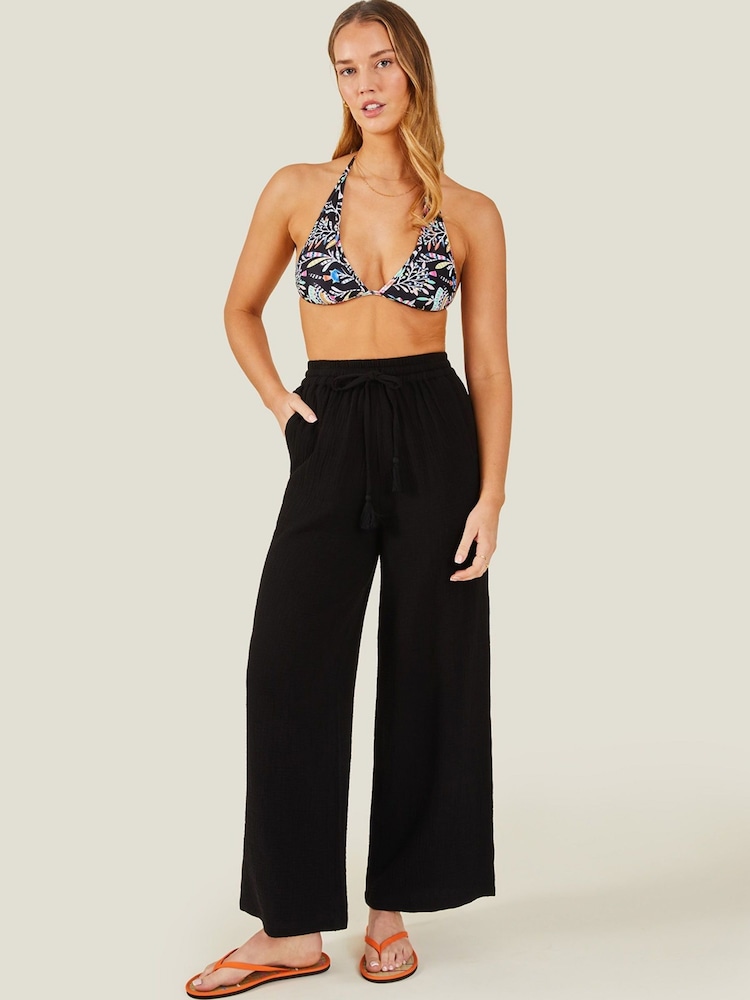Accessorize Black Crinkle Beach 100% Cotton Trousers - Image 1 of 3
