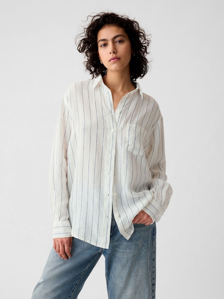 Gap White 100% Linen Long Sleeve Oversized Shirt - Image 1 of 6 Gap White 100% Linen Long Sleeve Oversized Shirt - Image 1 of 6