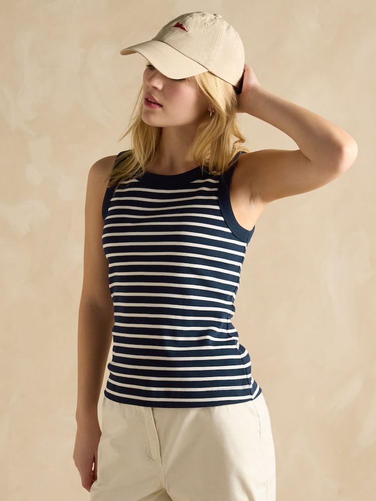 Navy & Cream - Joules Striped Premium Ribbed Jersey Vest - Image 1 of 8