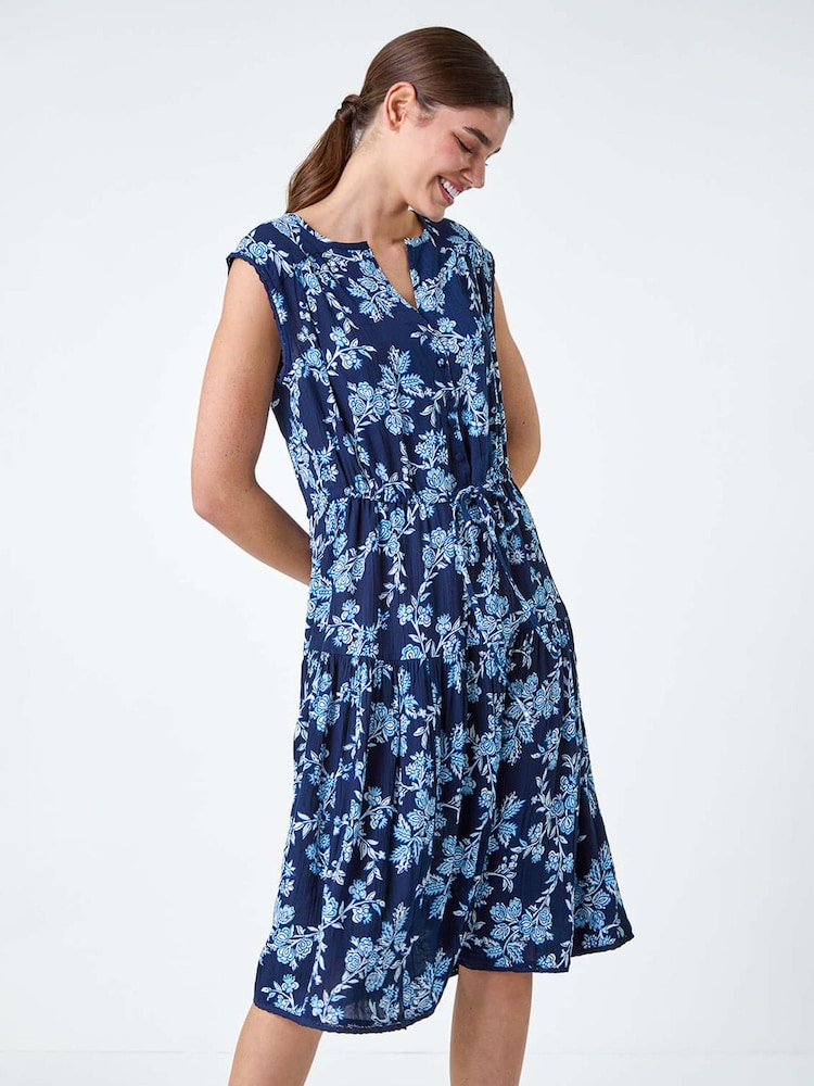 Roman Blue Floral Print Tiered Woven Dress - Image 1 of 5