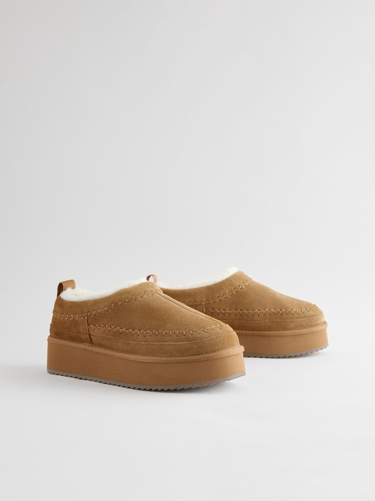Buy Chestnut Brown Leather Cosy Borg Lined Slip-On Shoes  display picture 1