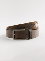 Brown/Cream Geometric Stitch Detail Leather Belt - Image 2 of 4