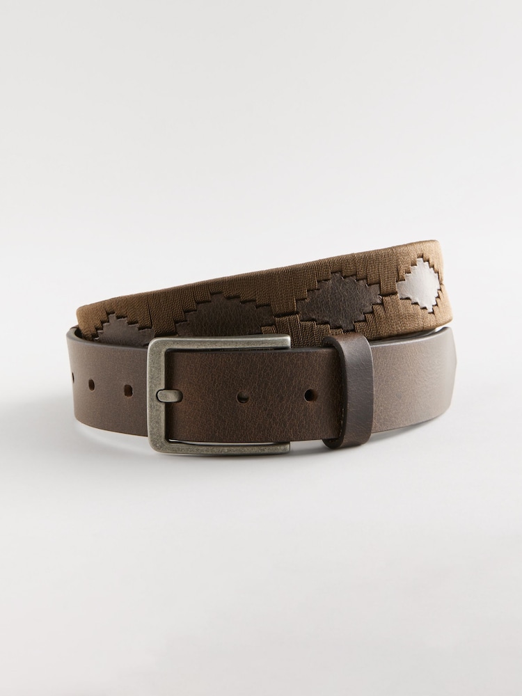 Brown/Cream Geometric Stitch Detail Leather Belt - Image 2 of 4